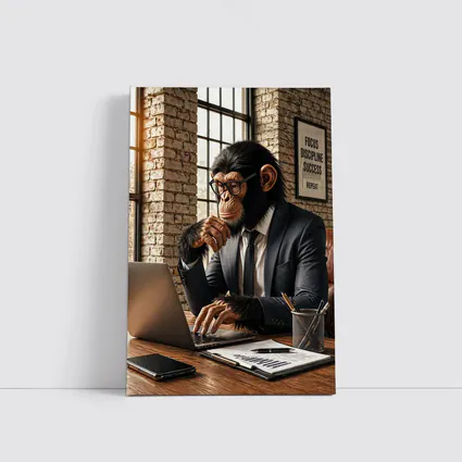 Chimpanzee Boss Working at Office Desk