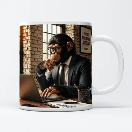 Chimpanzee Boss Working at Office Desk