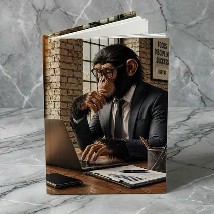 Chimpanzee Boss Working at Office Desk