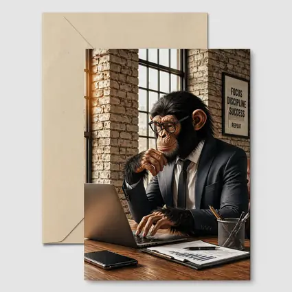 Chimpanzee Boss Working at Office Desk