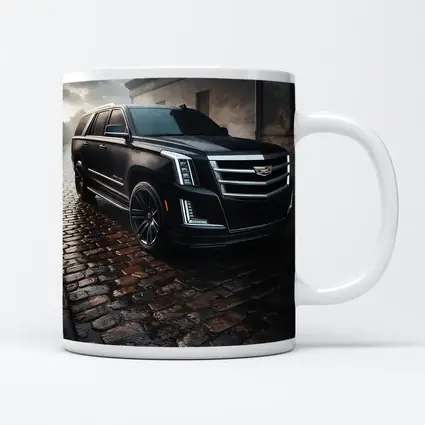Cadillac Escalade Black SUV Wet Cobblestone Street