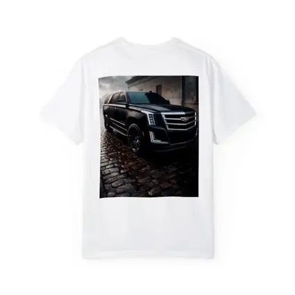 Cadillac Escalade Black SUV Wet Cobblestone Street