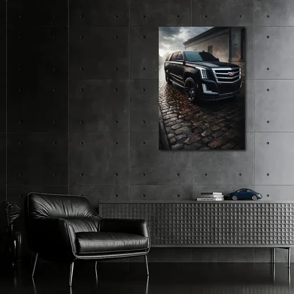 Cadillac Escalade Black SUV Wet Cobblestone Street