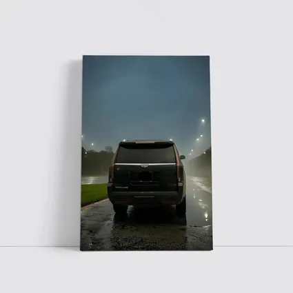 Cadillac Escalade Black Rainy Night Street