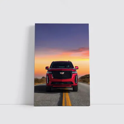 Red Cadillac Escalade SUV Sunset Road