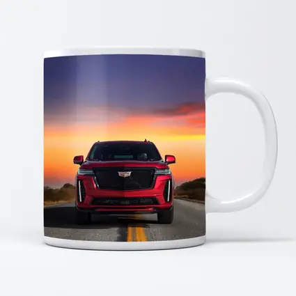 Red Cadillac Escalade SUV Sunset Road