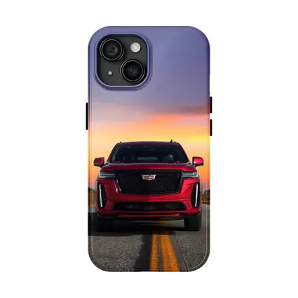 Red Cadillac Escalade SUV Sunset Road