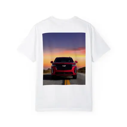 Red Cadillac Escalade SUV Sunset Road