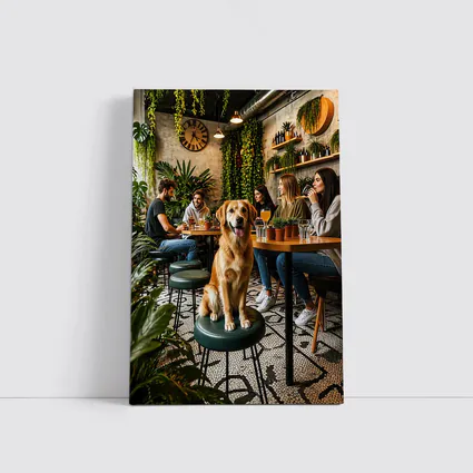 Golden Retriever Sitting in Cozy Cafe