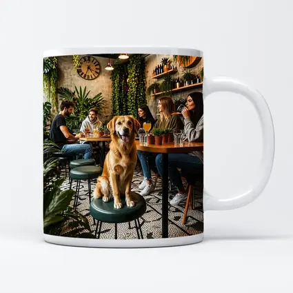 Golden Retriever Sitting in Cozy Cafe