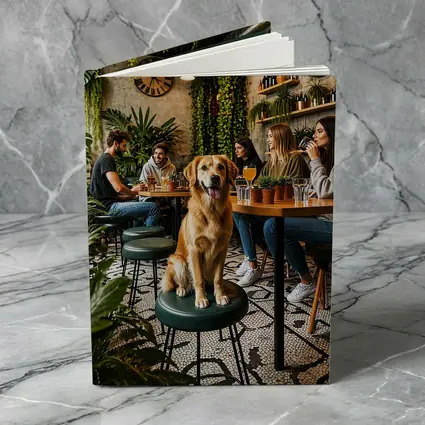 Golden Retriever Sitting in Cozy Cafe