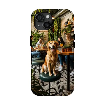 Golden Retriever Sitting in Cozy Cafe