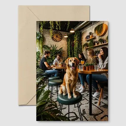 Golden Retriever Sitting in Cozy Cafe