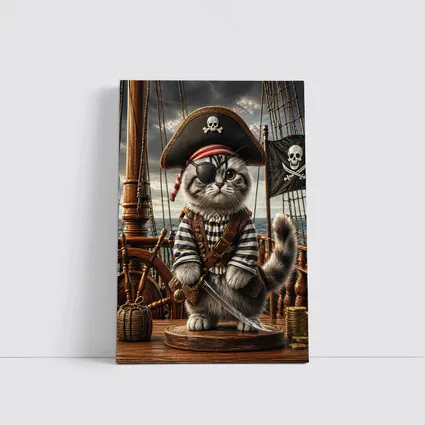 Fluffy Pirate Cat with Sword on Deck