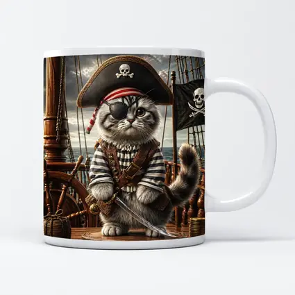Fluffy Pirate Cat with Sword on Deck