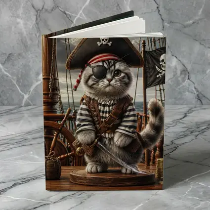 Fluffy Pirate Cat with Sword on Deck