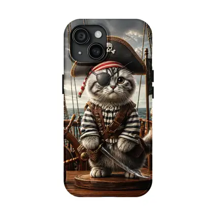 Fluffy Pirate Cat with Sword on Deck