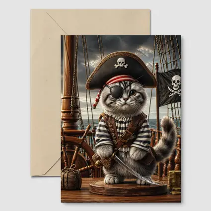 Fluffy Pirate Cat with Sword on Deck
