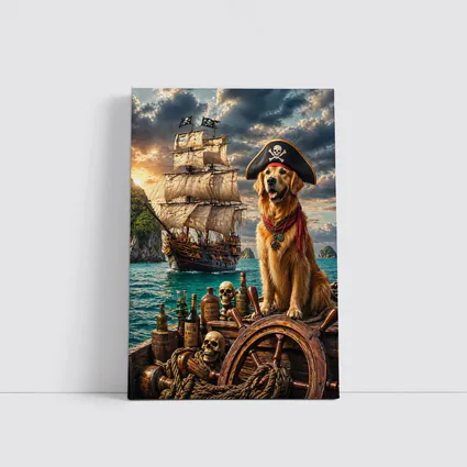 Golden Retriever Pirate Captain Sailing Ship Sea