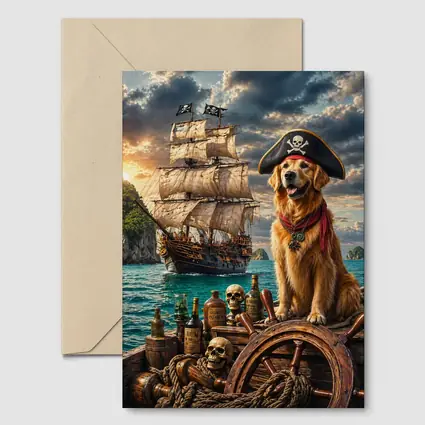 Golden Retriever Pirate Captain Sailing Ship Sea