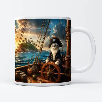 Pirate Cat Captain Steering Ship At Sunset