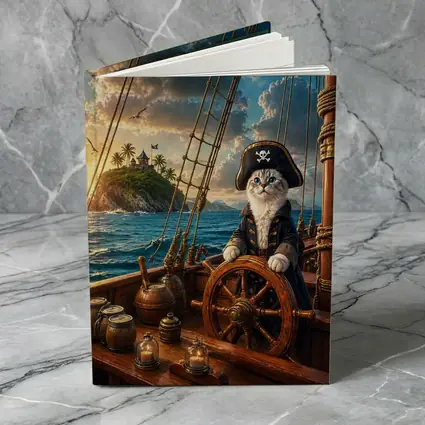 Pirate Cat Captain Steering Ship At Sunset