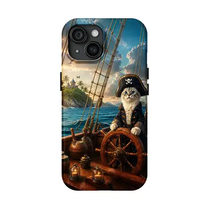 Pirate Cat Captain Steering Ship At Sunset