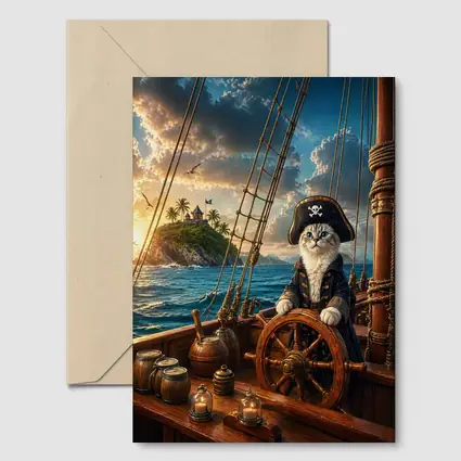 Pirate Cat Captain Steering Ship At Sunset