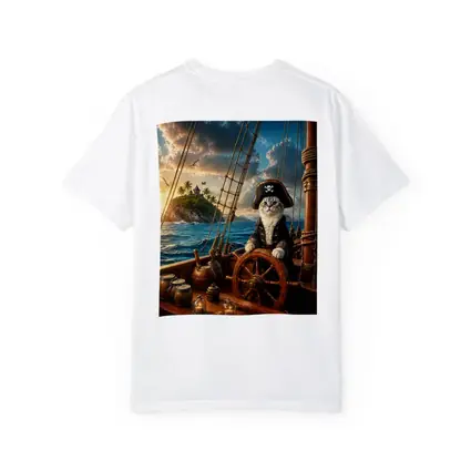 Pirate Cat Captain Steering Ship At Sunset
