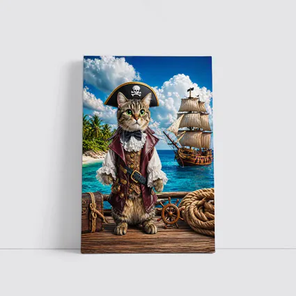 Tabby Cat Pirate Captain Tropical Island Ship