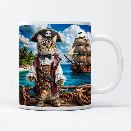 Tabby Cat Pirate Captain Tropical Island Ship