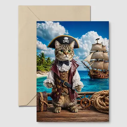 Tabby Cat Pirate Captain Tropical Island Ship