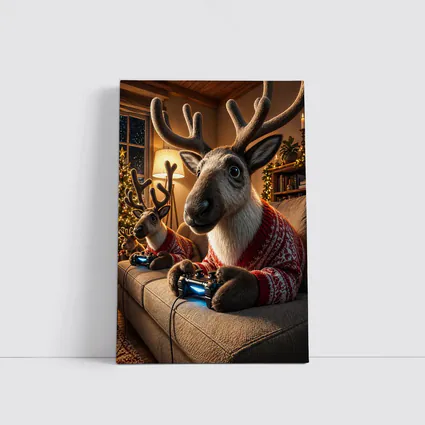 Reindeer Gaming in Cozy Christmas Living Room