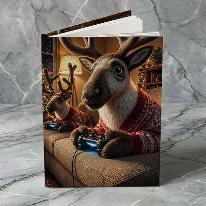 Reindeer Gaming in Cozy Christmas Living Room