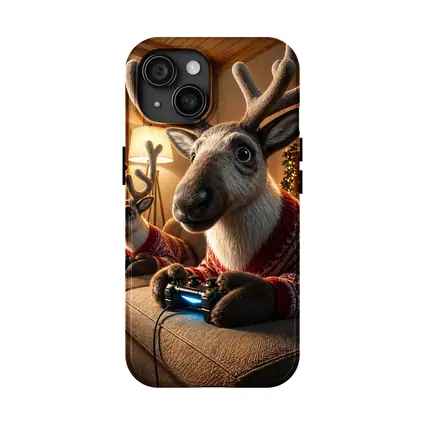 Reindeer Gaming in Cozy Christmas Living Room