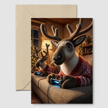 Reindeer Gaming in Cozy Christmas Living Room
