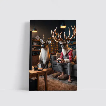 Reindeer Gamers Relaxing in Cozy Living Room