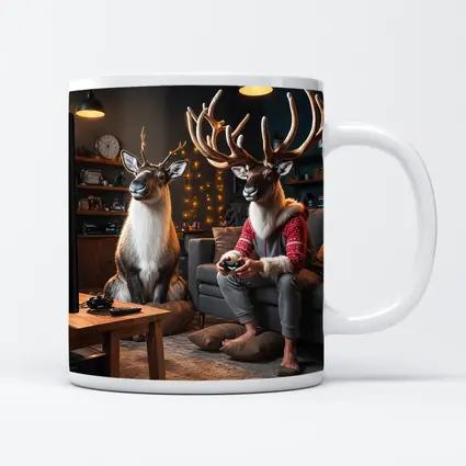 Reindeer Gamers Relaxing in Cozy Living Room