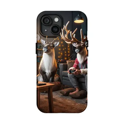 Reindeer Gamers Relaxing in Cozy Living Room