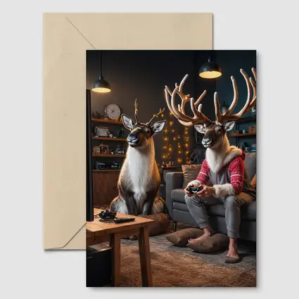 Reindeer Gamers Relaxing in Cozy Living Room
