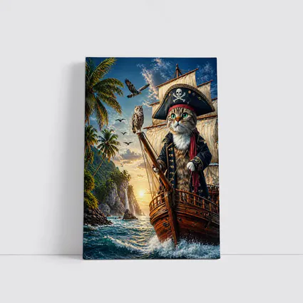 Pirate Cat Captain Sailing Tropical Island Sunset