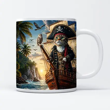 Pirate Cat Captain Sailing Tropical Island Sunset