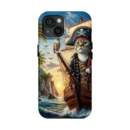 Pirate Cat Captain Sailing Tropical Island Sunset