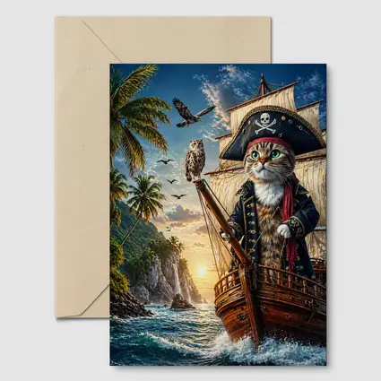 Pirate Cat Captain Sailing Tropical Island Sunset
