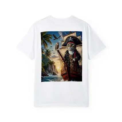 Pirate Cat Captain Sailing Tropical Island Sunset