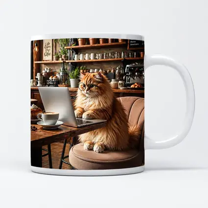 Persian Cat Working Laptop Cozy Coffee Shop