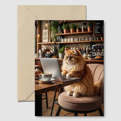 Persian Cat Working Laptop Cozy Coffee Shop