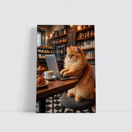 Persian Cat Working Laptop Cozy Coffee Shop