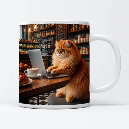Persian Cat Working Laptop Cozy Coffee Shop