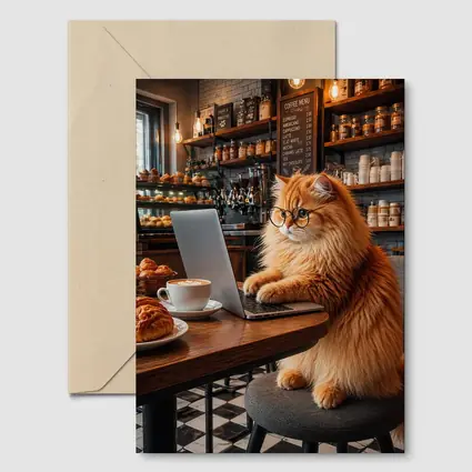 Persian Cat Working Laptop Cozy Coffee Shop